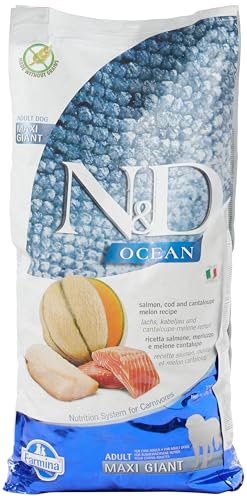 Farmina N&D Ocean Adult MaxiPellets Hundefutter (Trockenfutter, mit hochwertigen Vitaminen und natürliche Antioxidantien, ohne Mais, Zutaten: Lachs, Kabeljau und Honigmelone, Portionsgröße: 12 kg) von Farmina Natural & Delicious