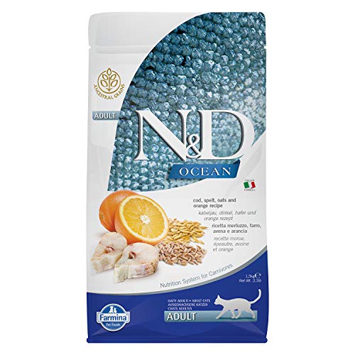 Farmina N&D Ocean Adult Pellets Katzenfutter(Trockenfutter, mit hochwertigen Vitaminen und natürliche Antioxidantien, ohne Mais, Zutaten: Kabeljau, Dinkel, Hafer und Orange, Portionsgröße: 1,5 kg) von Farmina Natural & Delicious