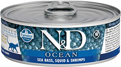 Farmina N&D Ocean Pastete Katzenfutter(Nassfutter, mit hochwertigen Vitaminen und natürliche Antioxidantien, ohne Mais, Zutaten: Thunfisch, Tintenfisch und Garnelen, Portionsgröße: 70 g) von Farmina