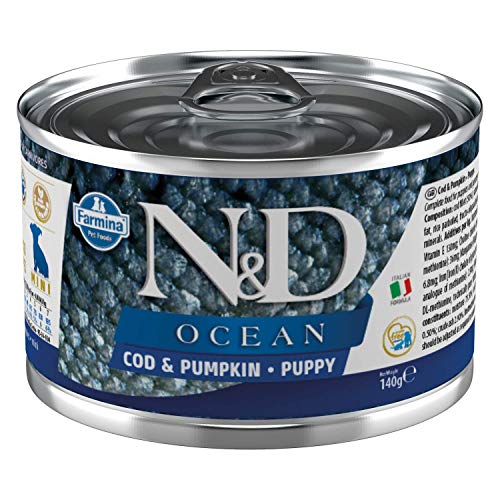 Farmina N&D Ocean Puppy Mini Pastete Hundefutter (Nassfutter, mit hochwertigen Vitaminen und natürliche Antioxidantien, ohne Mais, Zutaten: Kabeljau, Kürbis, Portionsgröße: 140 g) von Farmina Natural & Delicious