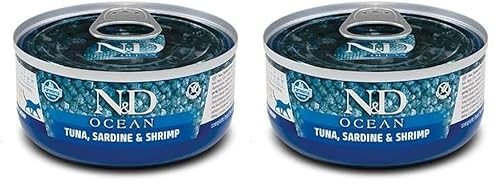 Farmina N&D Ocean Pastete Katzenfutter(Nassfutter, mit hochwertigen Vitaminen und natürliche Antioxidantien, ohne Mais, Zutaten: Thunfisch, Sardinen und Garnelen, Portionsgröße: 70 g) (Packung mit 2) von Farmina Pet Foods