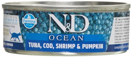 Farmina N&D Ocean Pastete Katzenfutter(Nassfutter, mit hochwertigen Vitaminen und natürliche Antioxidantien, ohne Mais, Zutaten: Thunfisch, Kabeljau, Garnelen und Kürbis, Portionsgröße: 70 g) von Farmina