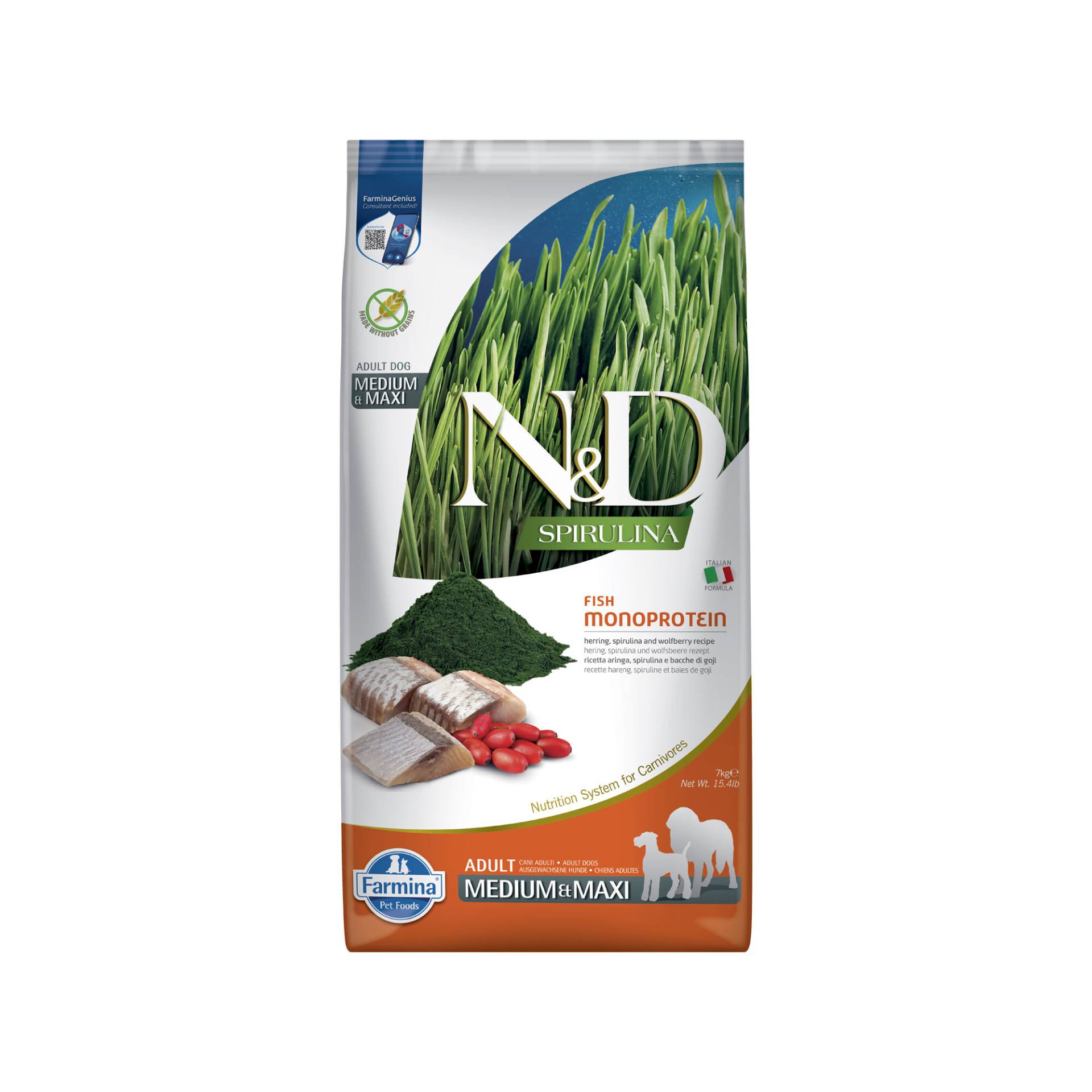 Farmina N&D Spirulina Adult Dog Medium & Maxi - Hering und Goji-Beere - 7 kg Farmina N&D Spirulina Adult Dog Medium & Maxi - Hering und Goji-Beere - 7 kg von Farmina