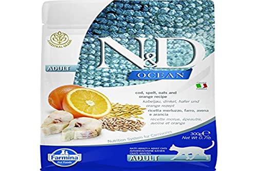 Farmina N&D Ocean Adult Pellets Katzenfutter(Trockenfutter, mit hochwertigen Vitaminen und natürliche Antioxidantien, ohne Mais, Zutaten: Kabeljau, Dinkel, Hafer und Orange, Portionsgröße: 300 g) von Farmina Natural & Delicious