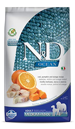 Farmina N&D Ocean Adult Medium Pellets Hundefutter (Trockenfutter, mit hochwertigen Vitaminen und natürliche Antioxidantien, ohne Mais, Zutaten: Kabeljau und Orange, Portionsgröße: 2,5 kg) von Farmina Natural & Delicious