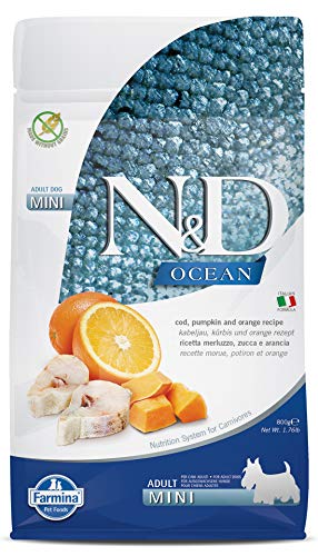 Farmina N&D Ocean Adult Mini Pellets Hundefutter (Trockenfutter, mit hochwertigen Vitaminen und natürliche Antioxidantien, ohne Mais, Zutaten: Kabeljau und Orange, Portionsgröße: 800 g) von Farmina Natural & Delicious