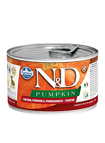 N&D Pumpkin Puppy Mini Pastete Hundefutter (Nassfutter, mit hochwertigen Vitaminen und natürliche Antioxidantien, ohne Mais, Zutaten: Huhn und Granatapfel, Portionsgröße: 140 g) von Farmina