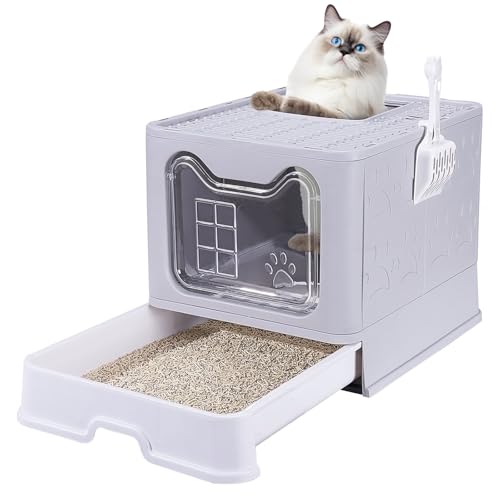 Katzentoilette mit Deckel, XXL Katzenklo Groß mit Schaufel, Geschlossene Katzentoilette, Faltbare Cat Litter Box,für verschiedener Katzen, 49,5 x 37 x 37cm von Farnirvana