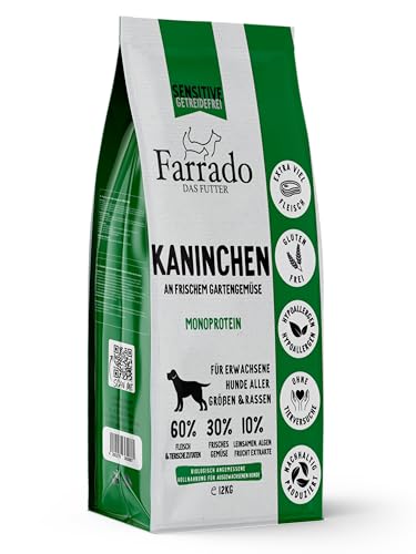 Farrado Kaninchen - Hundetrockenfutter für ausgewachsene Hunde Aller Rassen - getreidefrei, glutenfrei, zuckerfrei (12kg) von Farrado