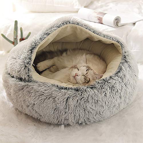 Fashionapple Flauschiges Katzenbett, rund, weiches Plüsch, Höhle mit Kapuze, Katzenbett, für den Winter, warm, Schlafkissen, rutschfest, maschinenwaschbar, für Katzen und Welpen,Grau,60 cm von Fashionapple