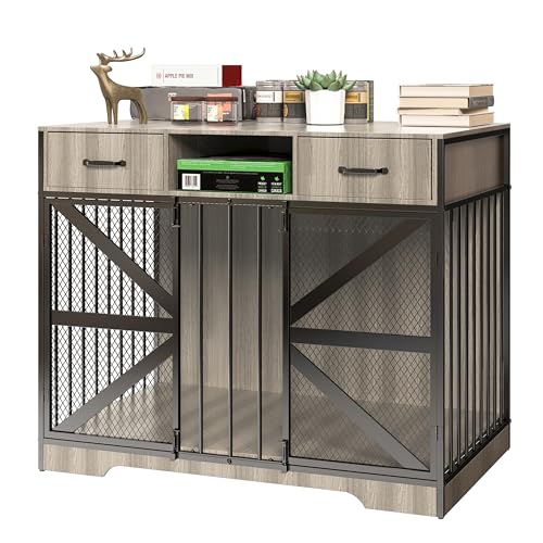 Fatmok Hundekäfig Möbel, Hundehütte Möbel für große Hunde Innen, Heavy Duty Holz Hundebox TV Ständer mit 2 Schubladen, 111.8 cm Metalldraht Dekorativer Hundekäfig Endtisch, Kaufest von Fatmok
