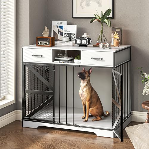 Fatmok Hundekäfig-Möbel, Hundehütten-Möbel für große Hunde im Innenbereich, robuste Holzbox TV-Ständer mit 2 Schubladen, 111,8 cm Metalldraht, dekorativer Hundekäfig-Endtisch, kaufest, Weiß Fatmok Hundekäfig-Möbel, Hundehütten-Möbel für große Hunde im Innenbereich, robuste Holzbox TV-Ständer mit 2 Schubladen, 111,8 cm Metalldraht, dekorativer Hundekäfig-Endtisch, kaufest, Weiß von Fatmok