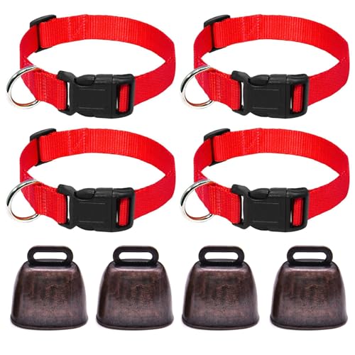 4 Stück Ziegen Halsbänder mit Glöckchen, Ziegen Halsbänder, Schafglocken und Nylonhalsband Set, Verlustprävention, für Ziegen, Rinder, Pferde, Schafe (Rote) von Fayemint