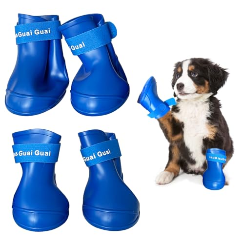 Fayemint 4 Stücke Silikon Wasserdicht Hundestiefel, Hunde wasserdichte Schuhe, Verschleißfest Verstellbare wasserdichte Hundestiefel, für Hündchen Pfotenschutz (7.5 x 6 cm, Blau) von Fayemint
