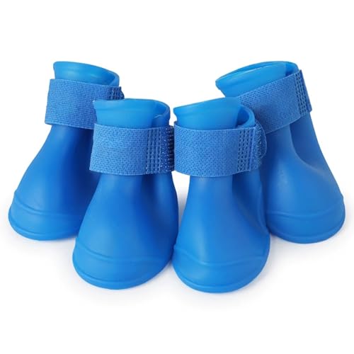 Fayemint 4 Stücke Silikon Wasserdicht Hundestiefel, Hunde wasserdichte Schuhe, Verschleißfest Verstellbare wasserdichte Hundestiefel, für Hündchen Pfotenschutz (5 cm × 4 cm, Blau) von Fayemint