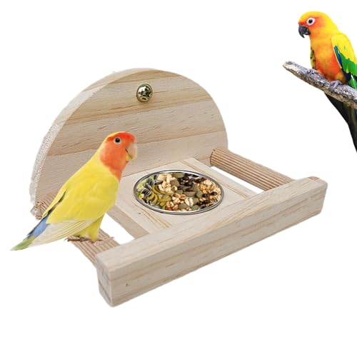 Bird Feeding Perch, Wood Perch Fowl Stand with Stainless Steel Feeding Cup, Parrot Cage Accessory for Parakeet, Cockatiel, Conure, and Small to Medium Birds von Fbinys
