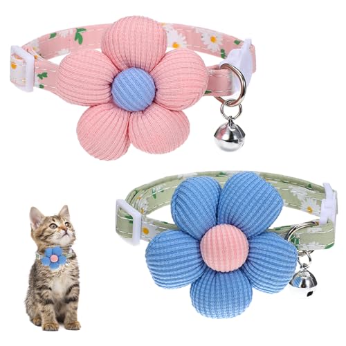 2 Stück Katzenhalsbänder Mit Blumen Katzenhalsbänder mit Glöckchen Cat Collar Niedliche Sicherheitsverschluss Ausgefallene Katzenhalsbänders Für Katzenmädchen Und -Jungen (Blumengrün Und -Pink) von FdcLixuvol