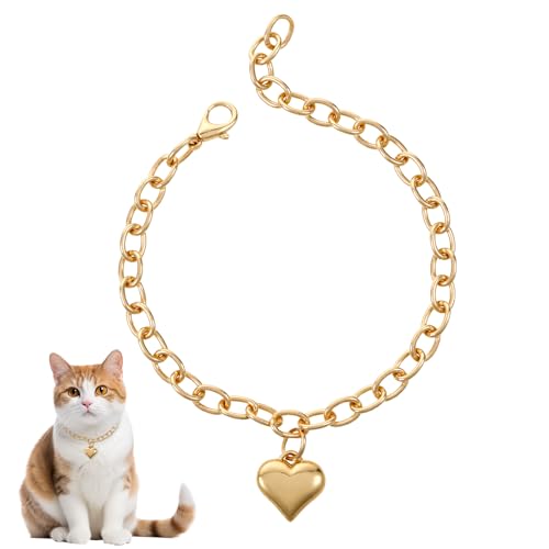 FdcLixuvol Hundehalsband, Edelstahl, Metallgliederhalsband mit goldfarbener herzförmiger Halskette, verstellbar für kleine Hunde (Gold, 22,6 cm) von FdcLixuvol
