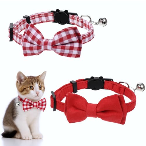 Katzenhalsband, Sicherheitsband mit Glöckchen, rot, einfarbig, kariert, verstellbar, niedliches Kätzchen-Halsband, für kleine Welpen, 2 Stück Katzenhalsband, Sicherheitsband mit Glöckchen, rot, einfarbig, kariert, verstellbar, niedliches Kätzchen-Halsband, für kleine Welpen, 2 Stück von FdcLixuvol