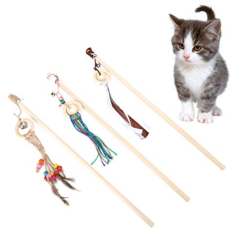 3Pcs Cat Feather Toy Holz Cat Wand Zauberspielzeug Tease Toy Cat Teaser Stick Interaktives Training Spielzeug mit Kleiner Glocke Spielen von Fdit