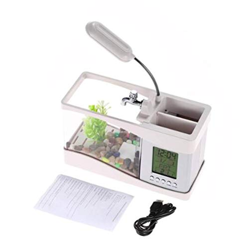 Fdit Aquarien, Multifunktionales USB -Mini -Aquarium -Fischtank mit LED -Lampen -LCD -Takt -Storage -Box für Tastenpene Wasserpflanzen und Musik (White) von Fdit