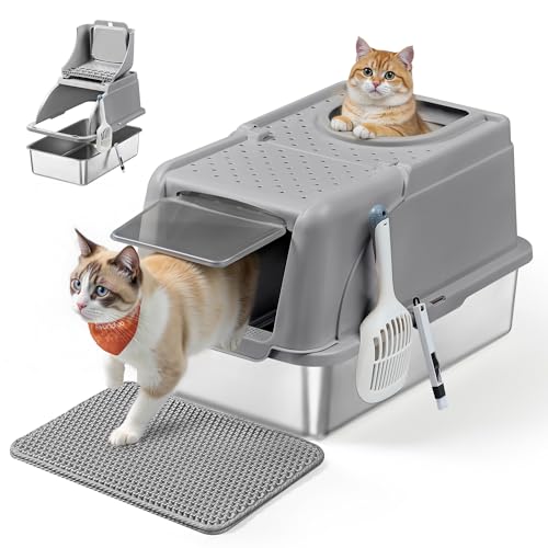 Feandrea Edelstahl Katzenklo, XL, Katzentoilette mit Deckel, mit Schaufel, Bürste und 2 Eingängen, für Katzen bis 15 kg, Taubengrau PPT005G01 Feandrea Edelstahl Katzenklo, XL, Katzentoilette mit Deckel, mit Schaufel, Bürste und 2 Eingängen, für Katzen bis 15 kg, Taubengrau PPT005G01 von Feandrea