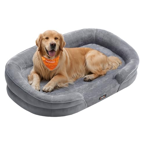 Feandrea Hundebett, Hundekissen, für große Hunde, 106 x 76 x 18 cm, orthopädisch, wasserdichte Innenschicht, erhöhte Ränder, Abnehmbarer, waschbarer Bezug, rutschfest, hellgrau PGW283G01 von Feandrea