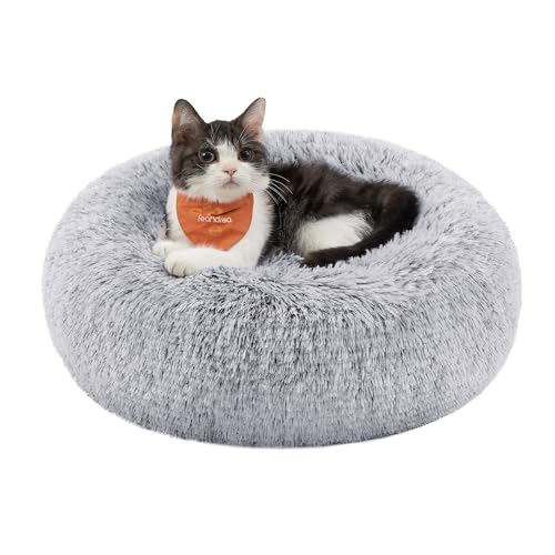 Feandrea Hundebett flauschig, Katzenbett, Donut Kissen, waschbar, Polsterung in der Mitte herausnehmbar, Langer Plüsch, 40 cm Durchmesser, Ombré-Grau PGW036G01 von Feandrea