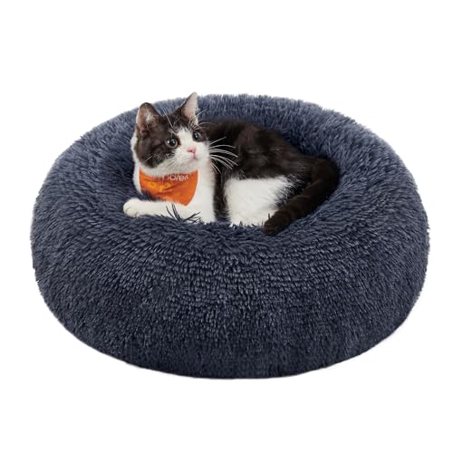 Feandrea Hundebett flauschig, Katzenbett, Donut Kissen, waschbar, Polsterung in der Mitte herausnehmbar, Langer Plüsch, 40 cm Durchmesser, dunkelgrau PGW036G02 von Feandrea