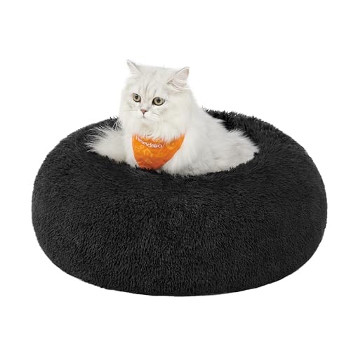 Feandrea Hundebett flauschig, Katzenbett, Donut Kissen, waschbar, Polsterung in der Mitte herausnehmbar, Langer Plüsch, 50 cm Durchmesser, tintenschwarz PGW037B01 von Feandrea