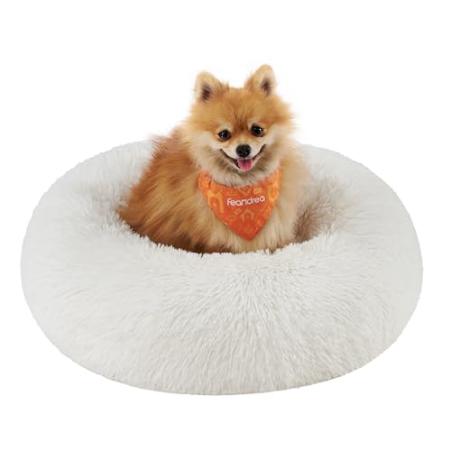 Feandrea Hundebett flauschig, Katzenbett, Donut Kissen, waschbar, Polsterung in der Mitte herausnehmbar, Langer Plüsch, 60 cm Durchmesser, wolkenweiß PGW038W01 von Feandrea