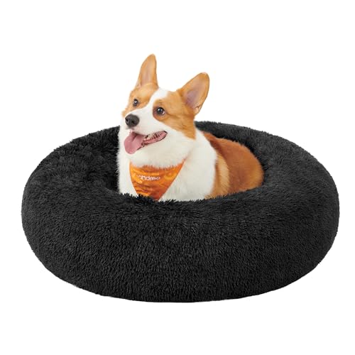 Feandrea Hundebett flauschig, Katzenbett, Donut Kissen, waschbar, Polsterung in der Mitte herausnehmbar, Langer Plüsch, 80 cm Durchmesser, tintenschwarz PGW040B01 von Feandrea