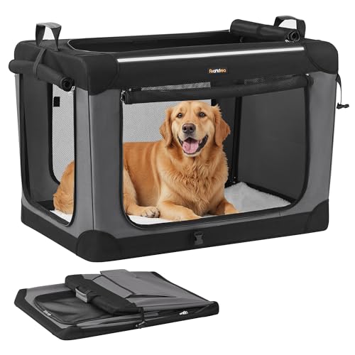 Feandrea Hundebox faltbar, 91,4 cm Transportbox für große Hunde, Hundetasche, Oxford-Gewebe, mit 4 Türen aus Netzstoff, Griffen, Taschen für Futter und Wasserflasche, tintenschwarz PDC019B01 von Feandrea