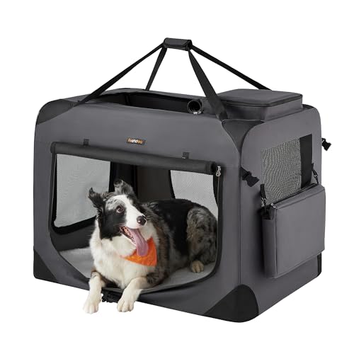 Feandrea Hundebox faltbar, Transportbox Hund, XXL, Hundetasche, Oxford-Gewebe, Netzstoff, atmungsaktiv tragbar transportabel, Metallrahmen, mit Griffen, Taschen, 91 x 63 x 63 cm, grau PDC90G01 von Feandrea