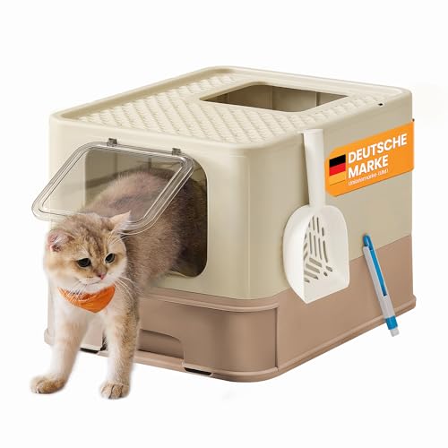 Feandrea Katzenklo, Katzentoilette, mit Deckel, ausziehbares Tablett, Schaufel, Bürste, für Katzen bis 15 kg, weniger Spuren, auslaufsicherer Boden, sandbeige-karamellbraun PPT001LJ02 von Feandrea