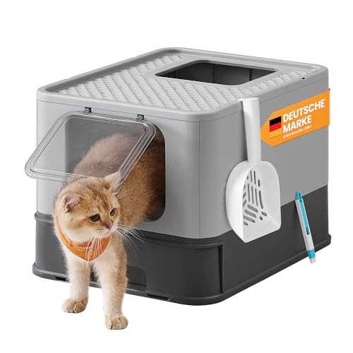 Feandrea Katzenklo, Katzentoilette, mit Deckel, ausziehbares Tablett, Schaufel, Bürste, für Katzen bis 15 kg, weniger Spuren, auslaufsicherer Boden, anthrazitgrau-Taubengrau PPT001B01 von Feandrea