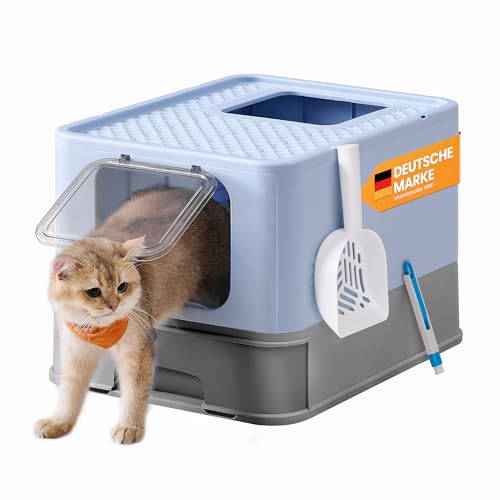 Feandrea Katzenklo, Katzentoilette, mit Deckel, ausziehbares Tablett, Schaufel, Bürste, für Katzen bis 15 kg, weniger Spuren, auslaufsicherer Boden, blassblau-Taubengrau PPT001Q01 von Feandrea