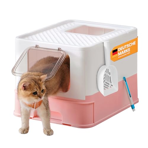 Feandrea Katzenklo, Katzentoilette, mit Deckel, ausziehbares Tablett, Schaufel, Bürste, für Katzen bis 15 kg, weniger Spuren, auslaufsicherer Boden, weiß-pastellrosa PPT001P01 von Feandrea