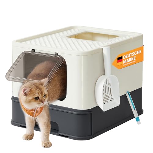 Feandrea Katzenklo, Katzentoilette, mit Deckel, ausziehbares Tablett, Schaufel, Bürste, für Katzen bis 15 kg, weniger Spuren, auslaufsicherer Boden, beige-schwarz PPT001W01 von Feandrea