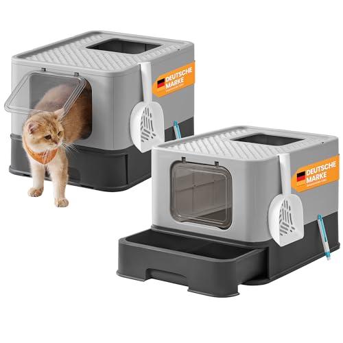 Feandrea Katzenklo 2er Set, Katzentoilette, mit Deckel, ausziehbares Tablett, Schaufel, Bürste, für Katzen bis 15 kg, weniger Spuren, auslaufsicherer Boden, anthrazitgrau-Taubengrau PPT001B10 von Feandrea