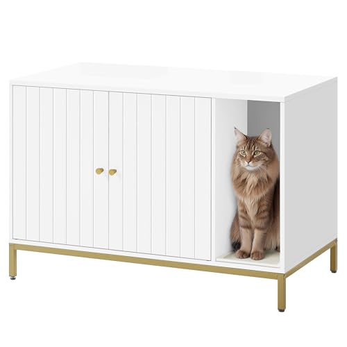 Feandrea Katzenklo-Schrank, Katzenhaus, Katzentoilette, mit Kratzmatte, hohe Beine, für Katzen, Beistelltisch, 90 x 48 x 61,5 cm, weiß-goldfarben PCL027W01 von Feandrea