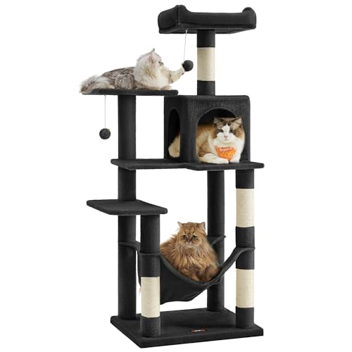 Feandrea Kratzbaum, 143 cm hoch, Katzenbaum, mehrstöckiges Katzenhaus, mit 4 Kratzsäulen, 2 Plattformen, Hängematte, Höhle, tintenschwarz PCT161B01 von Feandrea