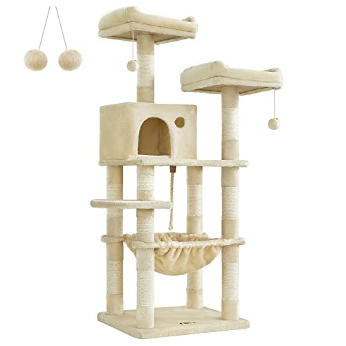 Feandrea Kratzbaum, 143 cm hoch, Katzenbaum mit 11 Kratzsäulen, 2 Plattformen, 1 Katzenhöhle, 1 Hängematte, 2 Plüschbällen, Plüsch, mehrstöckiges Design, beige PCT15BE Feandrea Kratzbaum, 143 cm hoch, Katzenbaum mit 11 Kratzsäulen, 2 Plattformen, 1 Katzenhöhle, 1 Hängematte, 2 Plüschbällen, Plüsch, mehrstöckiges Design, beige PCT15BE von Feandrea
