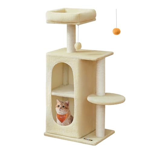 Feandrea Kratzbaum klein, Katzenbaum mit 2 Höhlen, Kratzstämme, für Mehrkatzenhaushalte, Kätzchen, sandbeige PCT005Y01 von Feandrea