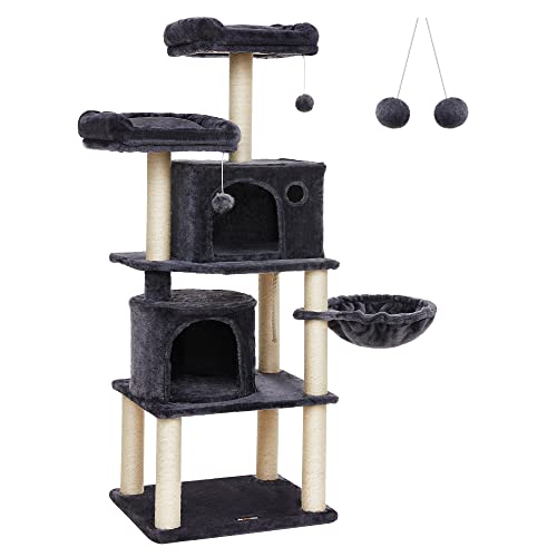 Feandrea Kratzbaum, Stabiler Katzenbaum, mit Sisal-Kratzstangen, Plüsch-Sitzmulden, einem Korb und 2 Häuschen, Kletterbaum für Katzen, PCT90G von Feandrea