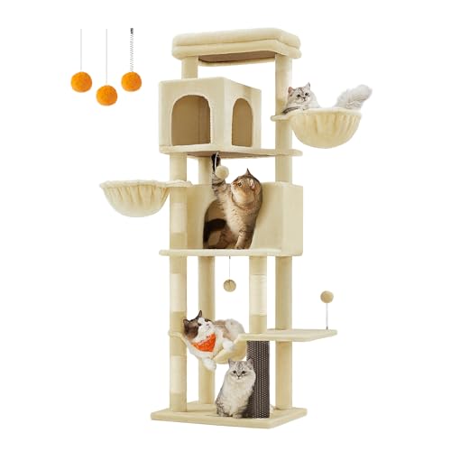 Feandrea Kratzbaum, 175 cm hoch, XL, mehrstöckiger Katzenbaum mit 2 Höhlen, 2 Liegemulden, 5 Kratzsäulen, Katzenbürste, große Plattform, sandbeige PCT182Y01 von Feandrea
