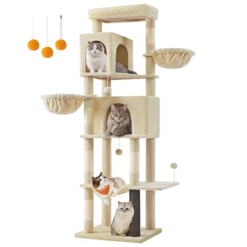 Feandrea Kratzbaum groß, 190,7 cm hoch, XXL, mehrstöckiger Katzenbaum mit 2 Höhlen, 2 Liegemulden, 5 Kratzsäulen, Katzenbürste, große Plattform, sandbeige PCT183Y01 von Feandrea