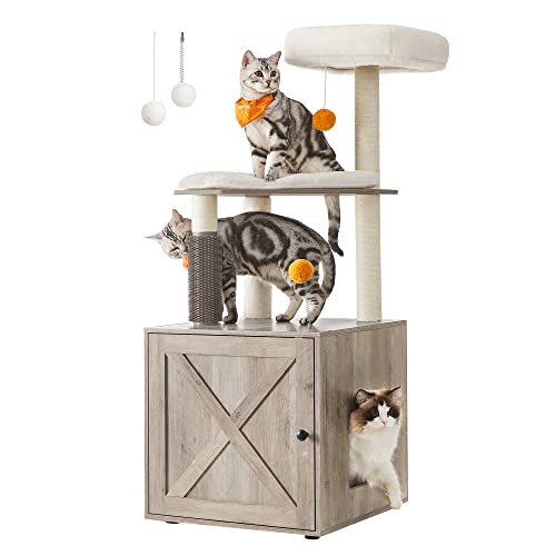 Feandrea WoodyWonders Kratzbaum mit Katzenklo-Schrank, 2-in-1 moderner Katzenbaum, 134 cm, mit Croomer, Kratzsäulen, Plattform, waschbare Kissen, Greige PCT115G01 von Feandrea