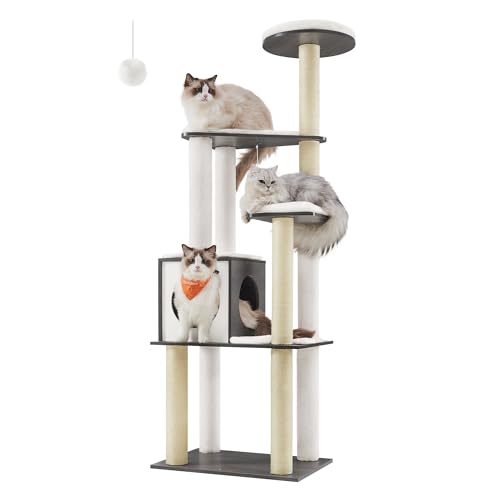 Feandrea WoodyWonders UPCT166G03 Katzenbaum, moderner Katzenturm für Indoor-Katzen, mehrstufige Katzenhütte mit 5 Kratzstämmen, Sitzstange, waschbare abnehmbare Kissen, Katzenmöbel, Misty Gray von Feandrea