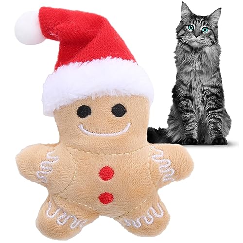 Fecfucy Lebkuchen-Katzenspielzeug, tragbares gefülltes Lebkuchenmann-Katzenminze-Spielzeug für Katzen Interaktives Katzen-Haustier-Weihnachtsspielzeug, Lebkuchenmann-Plüschspielzeug für Innen- und von Fecfucy
